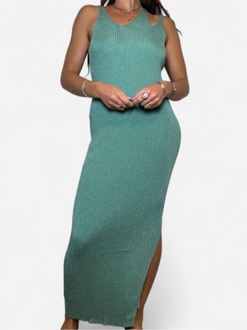 jonathan simkhai ivette metallic ribbed one shoulder asymmetrical midi dress M